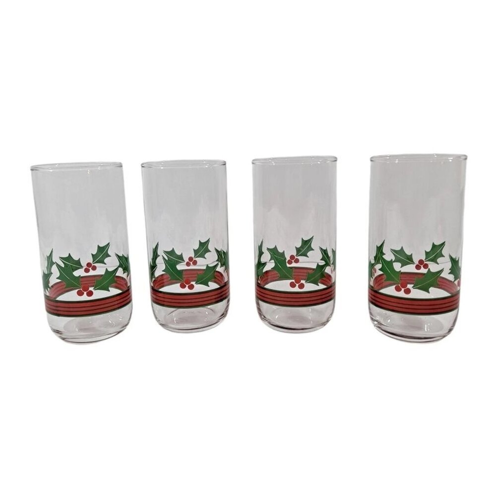 Vintage Libbey Holly Berry Drinking Glasses Set Of 4 Christmas Holiday 16 oz